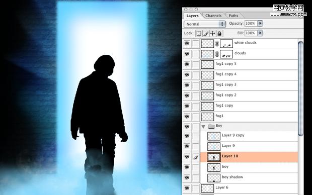 ps合成教程:走進(jìn)神秘發(fā)光之門的男孩-webjx.com