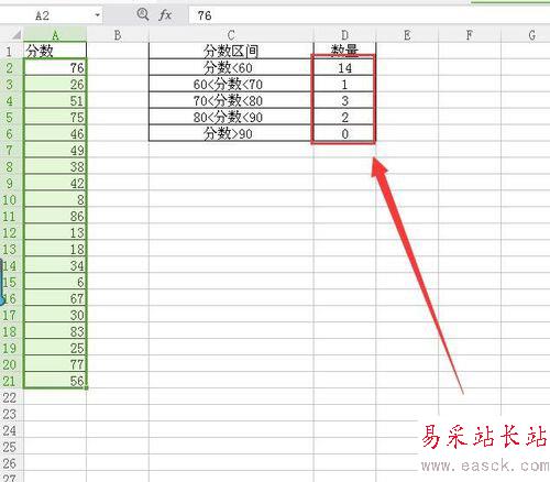wps中利用frequency函數獲取分數區間數量