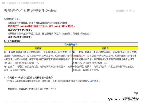天貓收貨評價規則更改：沒“發貨速度”了
